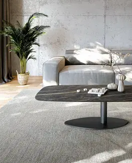Konferenčné stolíky DELIFE Konferenčný stolík Edge zaoblený tvar 140x80 cm keramika Laminam® Noir Desir hnedá Vibany kov čierna