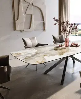 Jedálenské stoly DELIFE Jedálenský stôl Edge zaoblený tvar 300×120 cm keramika Minas Melange bielo-béžová krížová podstava pravouhlý nerezová oceľ grafitová