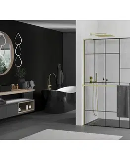Sprchové dvere MEXEN/S - Kioto+ L Sprchová zástena WALK-IN s poličkou a držiakom uterákov 100 x 200, čierny vzor, zlatá kartáčovaná 800-100-123-55-78