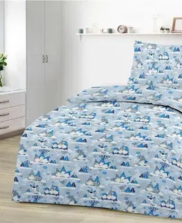 Obliečky Obliečky bavlnené Vianočné škriatky modré TiaHome - 1x Vankúš 90x70cm, 1x Paplón 140x200cm