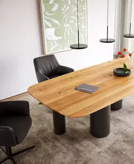 Jedálenské stoly DELIFE Jedálenský stôl Edge oválny 240x120x2,5-3 dub prírodný kovová podstava čierna švajčiarska hrana