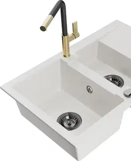 Kuchynské drezy MEXEN/S MEXEN/S - Gaspar granitový drez 1.5 s odkvapkávačom vrátane batérie Flora, biela 6507-20-670401-57-B