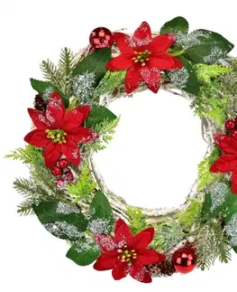 Vianočné dekorácie Vianočný ozdobený veniec Poinsettia a prútie, 30 cm