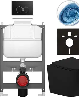 Záchody CERANO - Kompletný WC set Basic/Cesso - čierna matná - WC tlačidlo Dualo/Čierna - ovládanie zhora - predstenová inštalácia - 49x36 CER-8050BD86200
