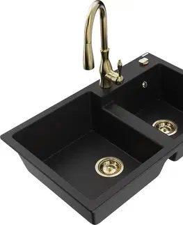 Kuchynské drezy MEXEN/S MEXEN/S - Tomas granitový drez 2-bowl vrátane batérie Savita, čierna 6516-77-672601-50