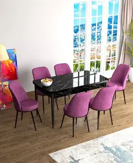 Jedálenské sety Extendable Dining Table & Chairs Set (7 Pieces) Han - Black Marble, Purple