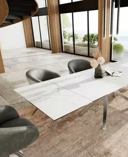 Jedálenské stoly DELIFE Jedálenský stôl Edge 200-300x100 keramika Laminam®Statuarietto biela krížová podstava obdĺžnik nerezová oceľ rozkladací