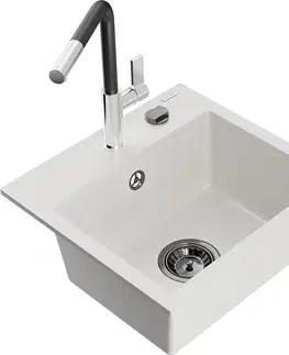Kuchynské drezy MEXEN/S MEXEN/S - Milo granitový drez 1-miska vrátane batérie Flora, biela 6505-20-670401-07-B