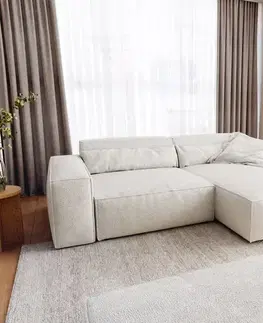 Rohové sedacie súpravy DELIFE Rohová pohovka Sirpio XL 270x170 cm bouclé bielo-krémová ležadlo variabilné s taburetom