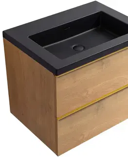 Kúpeľňový nábytok CERANO - Kúpeľňová skrinka Velora - dub medový, úchytka zlatá + umývadlo z lit. mramoru Ovo - čierna matná - 70,5x58x46,5 CER-979981