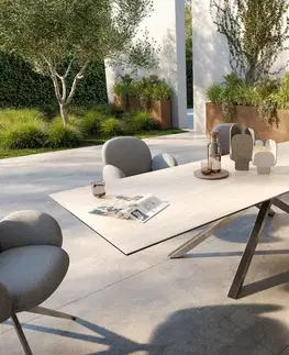 Záhradné stoly DELIFE Záhradný jedálenský stôl Edge 300x100 cm keramika Laminam® Travertino Bianco bielo-krémová krížová podstava obdĺžnik nerezová oceľ