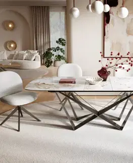 Jedálenské stoly DELIFE Jedálenský stôl Edge zaoblený tvar 180-220×100 cm keramika Minas Melange bielo-béžová Spider plochá oceľ nerezová oceľ grafit rozkladací