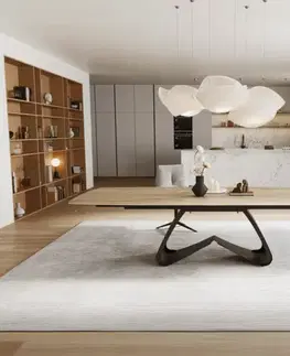 Jedálenské stoly DELIFE Jedálenský stôl Edge zaoblený tvar 240-300×120 cm keramika Laminam® sabbia v dubovej farbe podstava v tvare W kov čierna rozkladací