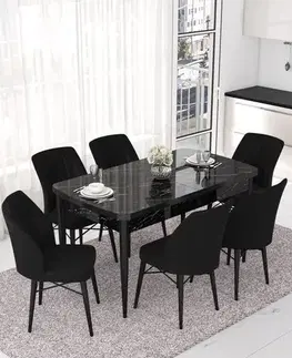 Jedálenské sety Extendable Dining Table & Chairs Set (7 Pieces) Nef - Black Marble, Black