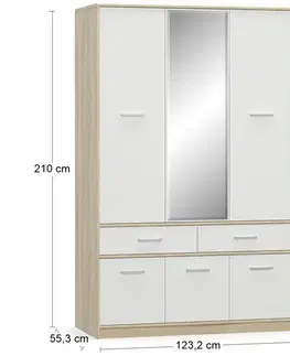 Šatníkové skrine NABBI Tavir W-6D2DRWS šesťdverová šatníková skriňa so zásuvkami dub sonoma / biela