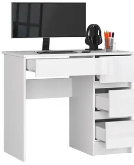 Písacie stoly Moderný písací stôl ZEUS90P, biely/biely lesk