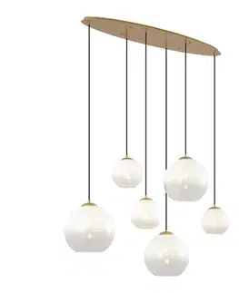 Závesné svietidlá Hotelová elegantná závesná lampa mosadzná s bielym sklom obdĺžniková 6-svetelná - Misty