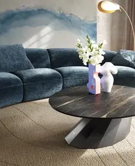 Konferenčné stolíky DELIFE Konferenčný stolík Edge okrúhly 90x90 cm keramika Laminam® Noir Desir hnedá Parabi metalická strieborná