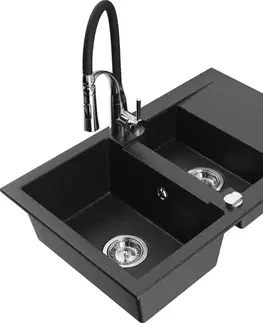 Kuchynské drezy MEXEN/S MEXEN/S - Gaspar granitový drez 1.5 s odkvapkávačom vrátane batérie Aster, čierna/strieborná metalík 6507-73-73450-07
