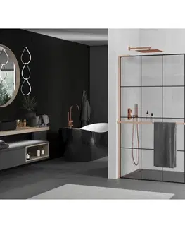 Sprchové dvere MEXEN/S - Kioto+ L Sprchová zástena WALK-IN s poličkou a držiakom uterákov 100 x 200, čierny vzor, meď kartáčovaná 800-100-123-65-77