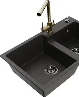 Kuchynské drezy MEXEN/S MEXEN/S - Tomas granitový drez 2-bowl vrátane batérie Duero, čierna/zlatá metalik 6516-75-671600-50-B