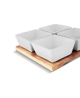 Dózy na potraviny Lamart - Súprava 4x porcelánová miska 19x19 cm + drevený podnos 42003021