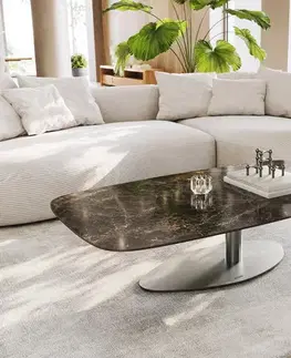 Konferenčné stolíky DELIFE Konferenčný stolík Edge zaoblený 140x80 cm keramika Laminam® Emperador Extra Lucidato tmavohnedá Vibany nerezová oceľ kefovaná