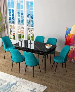Jedálenské sety Extendable Dining Table & Chairs Set (7 Pieces) Zen - Black Marble, Turquoise