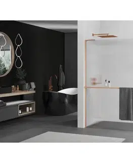 Sprchové dvere MEXEN/S - Kioto+ L Sprchová zástena WALK-IN s poličkou a držiakom uterákov 90 x 200, prúžky, meď kartáčovaná 800-090-123-65-09