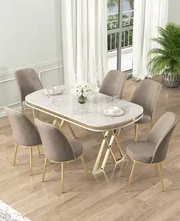 Jedálenské sety Dining Table & Chairs Set (7 Pieces) Lai - White, Gold, Cappuccino