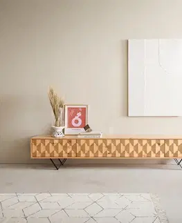 Televízne stolíky DELIFE TV stolík Fevo 220 cm dub prírodný 4 dvierka podstava v tvare V kov čierna