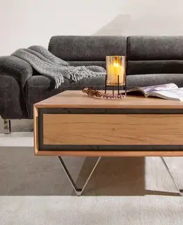 Konferenčné stolíky DELIFE Konferenčný stolík Stonegrace 80x60 cm akácia prírodná 2 zásuvky kamenná dyha