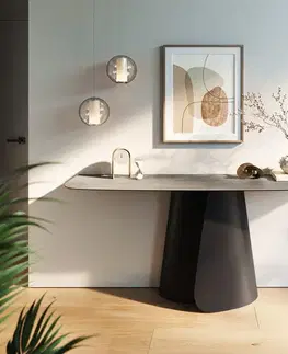 Konzolové stolíky DELIFE Konzolový stolík Edge zaoblený tvar 180×40 cm keramika betón sivá Livos kov čierna