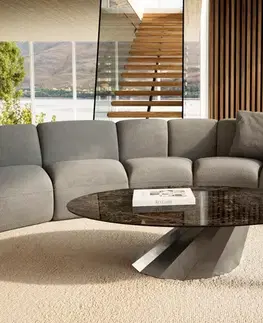 Konferenčné stolíky DELIFE Konferenčný stolík Edge oválny 140x80 cm keramika Laminam® Emperador Extra Lucidato tmavohnedá Parabi nerezová oceľ kefovaná