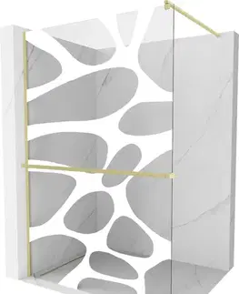 Sprchové dvere MEXEN/S - Kioto+ Sprchová zástena WALK-IN s poličkou a držiakom uterákov 80 x 200, biely vzor, zlatá kartáčovaná 800-080-121-55-97