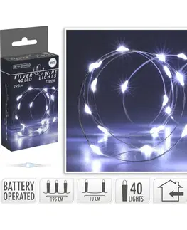 Vianočné dekorácie Svetelný drôt Silver, 2 m, 40 LED, studená biela, časovač, na batérie