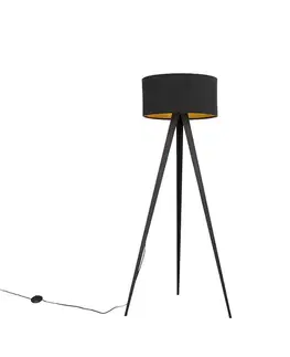 Stojace lampy Stojaca lampa čierna s čiernym tienidlom a zlatým vnútrom - Ilse