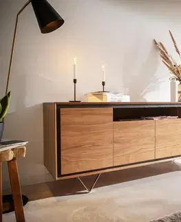 Komody DELIFE Komoda Stonegrace 175 cm akácia prírodná 4 dvierka 1 priehradka kamenná dyha podstava v tvare V