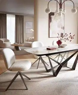 Jedálenské stoly DELIFE Jedálenský stôl Edge zaoblený tvar 180-220×100 cm keramika Minas Melange bielo-béžová Spider plochá oceľ nerezová oceľ grafit rozkladací