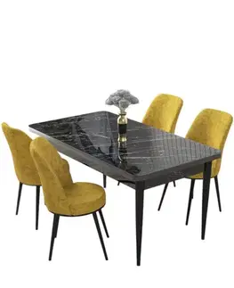 Jedálenské sety Dining Table & Chairs Set (5 Pieces) Nil - Black Marble, Mustard