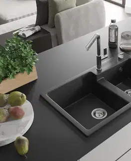 Kuchynské drezy MEXEN/S MEXEN/S - Tomas granitový drez 2-bowl vrátane batérie Flora, čierna/srebrny metalik 6516-73-670401-00
