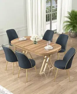 Jedálenské sety Dining Table & Chairs Set (7 Pieces) Lai - Light Walnut, Gold, Anthracite