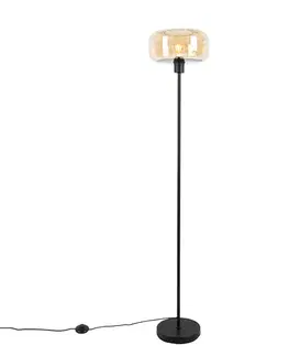 Stojace lampy Art Deco stojaca lampa čierna s jantárovým sklom - Bizle