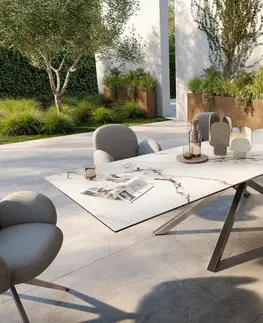 Záhradné stoly DELIFE Záhradný jedálenský stôl Edge 300x100 cm keramika Calacatta Luxe bielo-zlato-šedá krížová podstava obdĺžnik nerezová oceľ