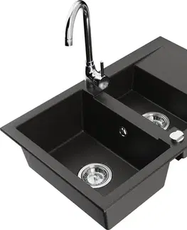 Kuchynské drezy MEXEN/S MEXEN/S - Gaspar granitový drez 1.5 s odkvapkávačom vrátane batérie Telma, čierna/zlatá 6507-75-670200-00