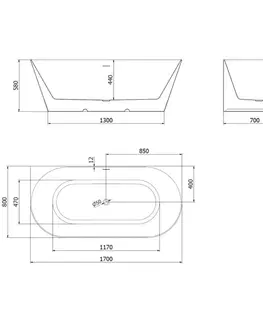 Vane MEXEN/S - Oval Slim voľne stojaca vaňa nástenná 170 x 80, biela/čierna, sifón a prepad zlatá 52661708075-50