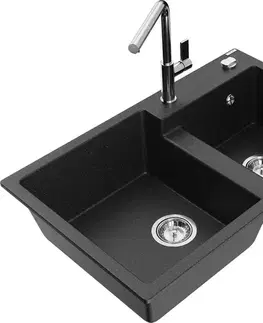 Kuchynské drezy MEXEN/S MEXEN/S - Tomas granitový drez 2-bowl vrátane batérie Flora, čierna/srebrny metalik 6516-73-670401-00