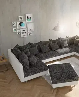 Sedacie súpravy XL DELIFE Pohovka v tvare U Clovis XL biela čierna taburet opierka modulárna