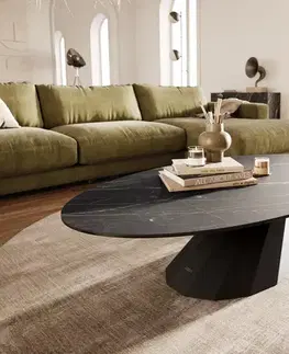 Konferenčné stolíky DELIFE Konferenčný stolík Edge oválny 140x80 cm keramika Laminam® Noir Desir hnedá Parabi kov čierna