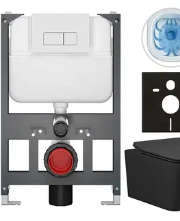 Záchody CERANO - Kompletný WC set Basic/Forte - čierna matná - WC tlačidlo Modulo/Biela - závesné - nízky modul - predstenová inštalácia - 51x36 CER-8050BD86409